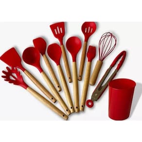 Kit 12 Utensílios De Cozinha Em Silicone E Cabo De Madeira Vermelho