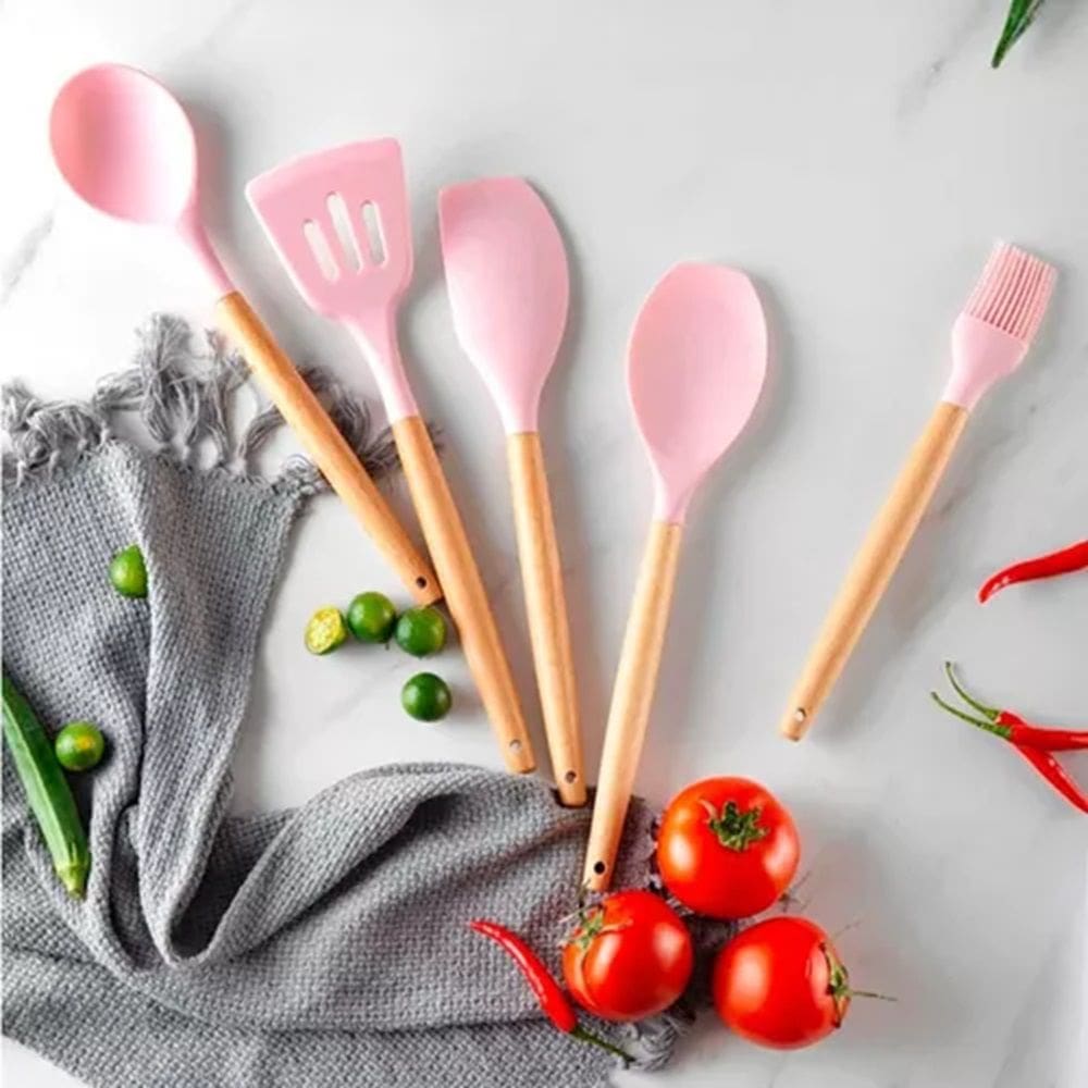 Kit 12 Utensílios De Cozinha Em Silicone E Cabo De Madeira Rosa