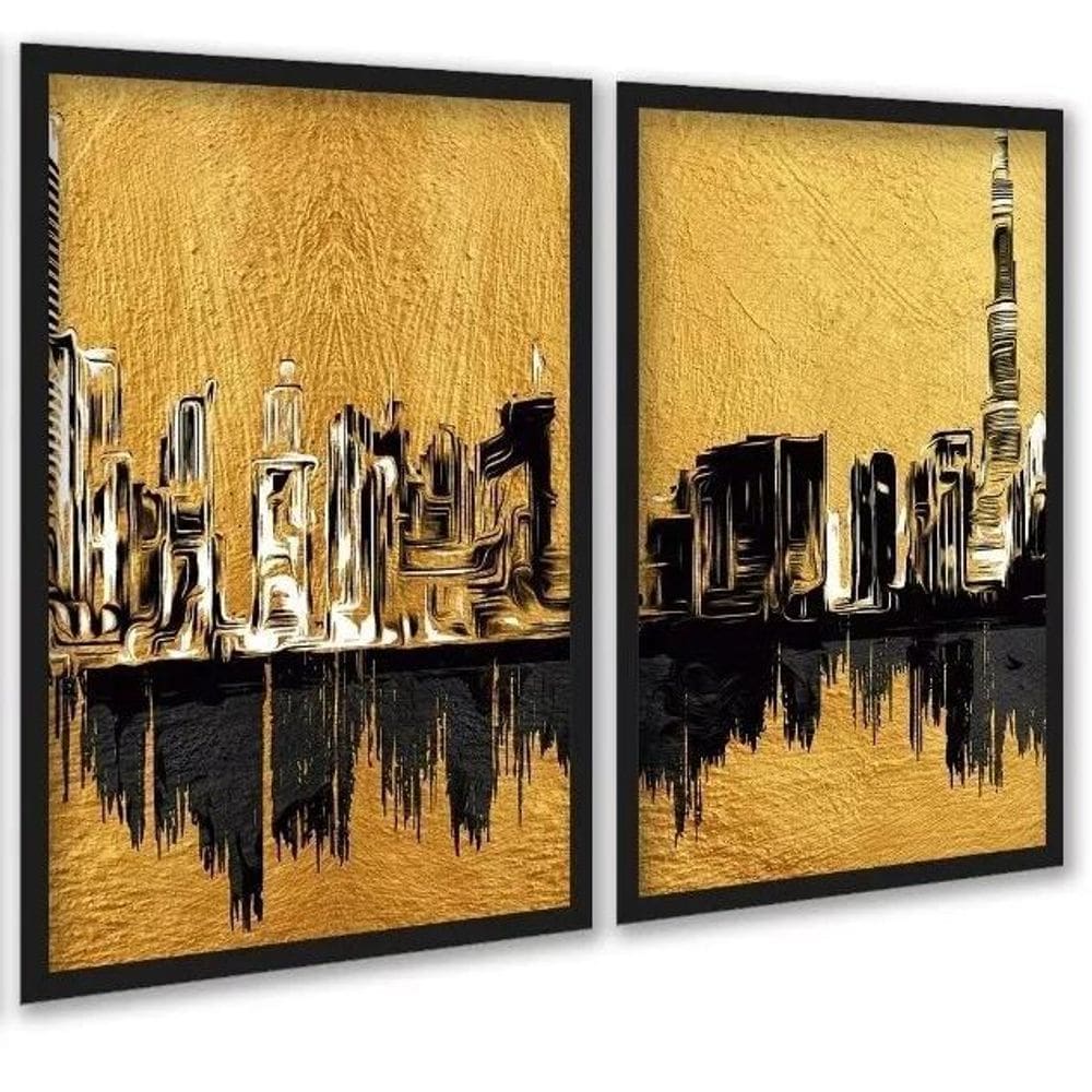 Kit 2 Quadros Arte Cidades Preto Com Dourado 33X24Cm