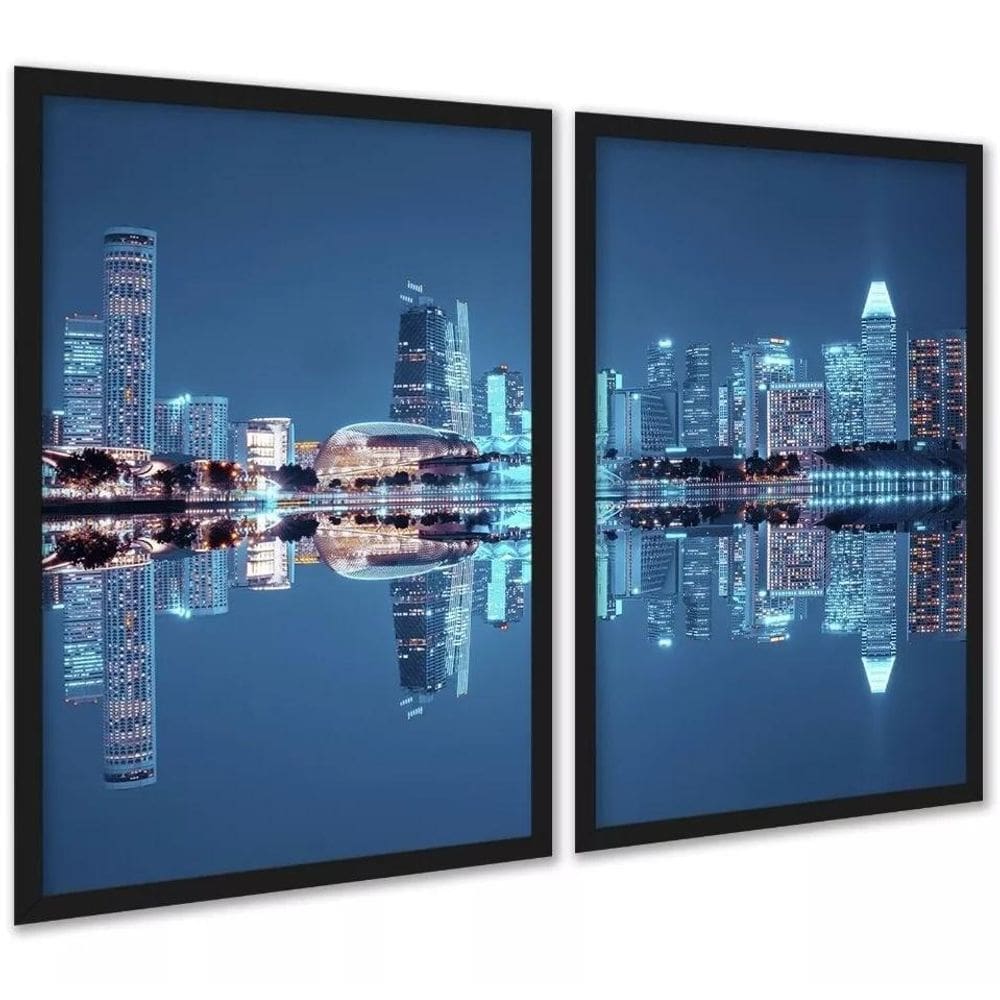 Kit 2 Quadros Foto Cidade - Luzes Reflexo 24X18Cm
