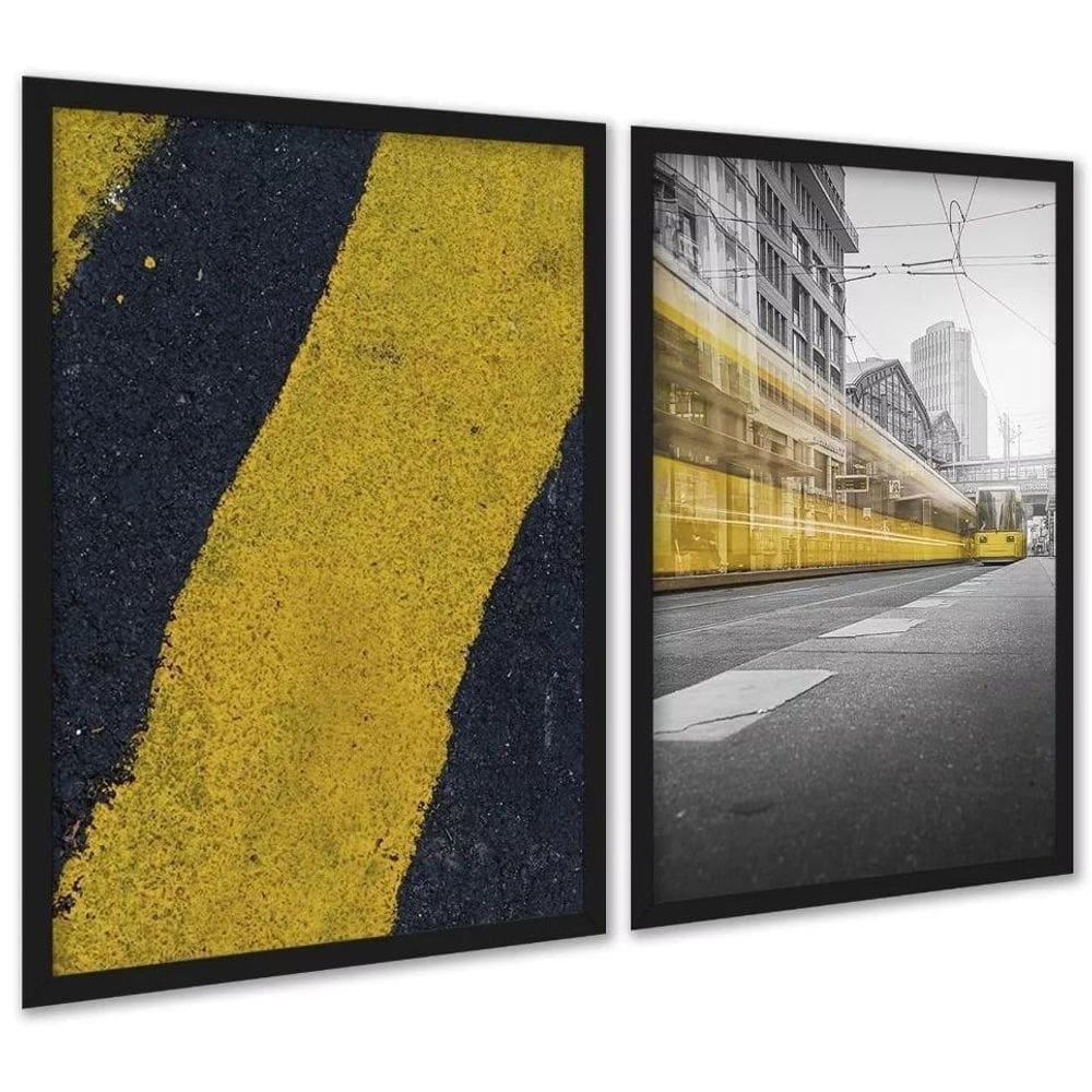 Kit 2 Quadros Decorativos Urbanos Amarelo Preto 45X34Cm