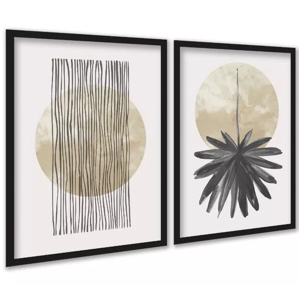 Kit 2 Quadros Neutros Bege Linhas Folha Aquarela 45X34Cm
