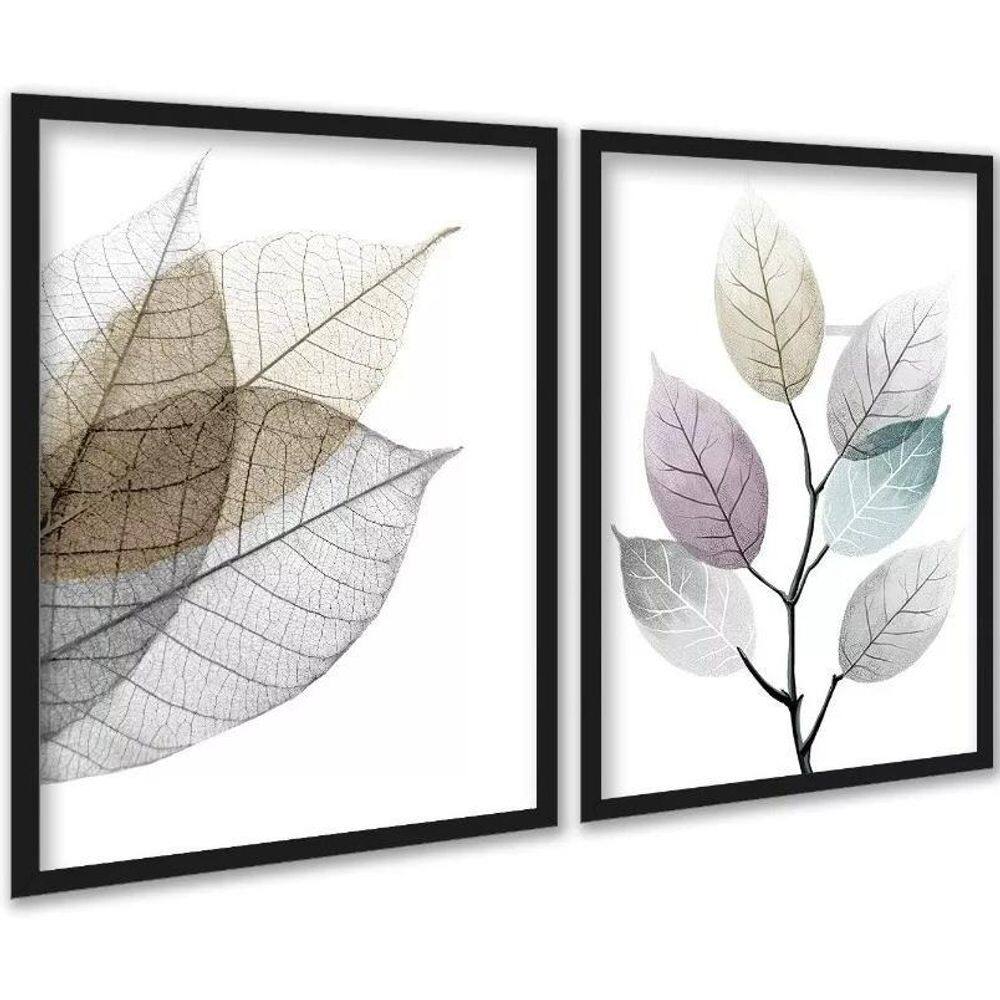 Kit 2 Quadros Modernos Folhas Transparentes 33X24Cm - Vidro