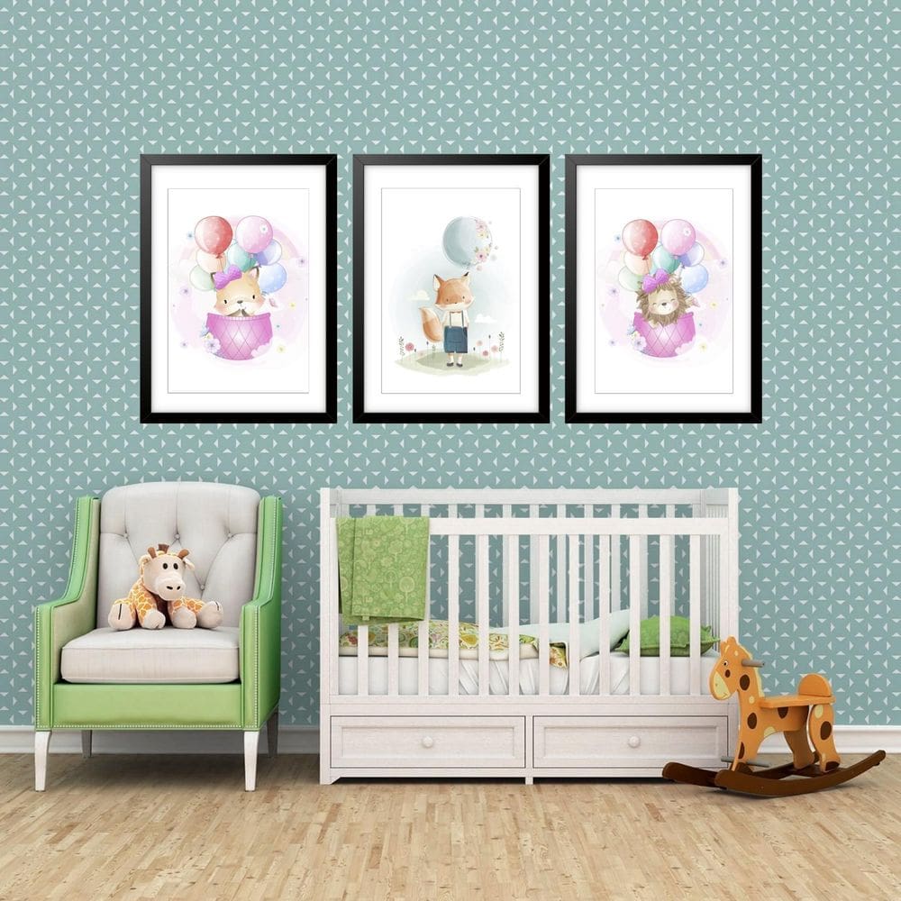 Kit 3 Quadros Grandes Quarto Infantil Filhotes Balões