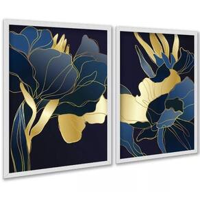 Kit 2 Quadros Florais Azul Dourado Linhas 45X34Cm - Vidro
