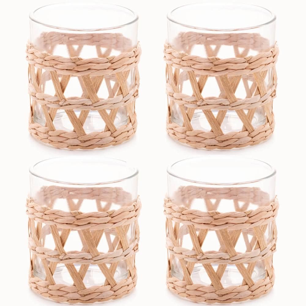 Conjunto 4 Copos de Vidro Wolff Baixos com Sisal 320ml Fibra Natural Mesa Posta Rústica