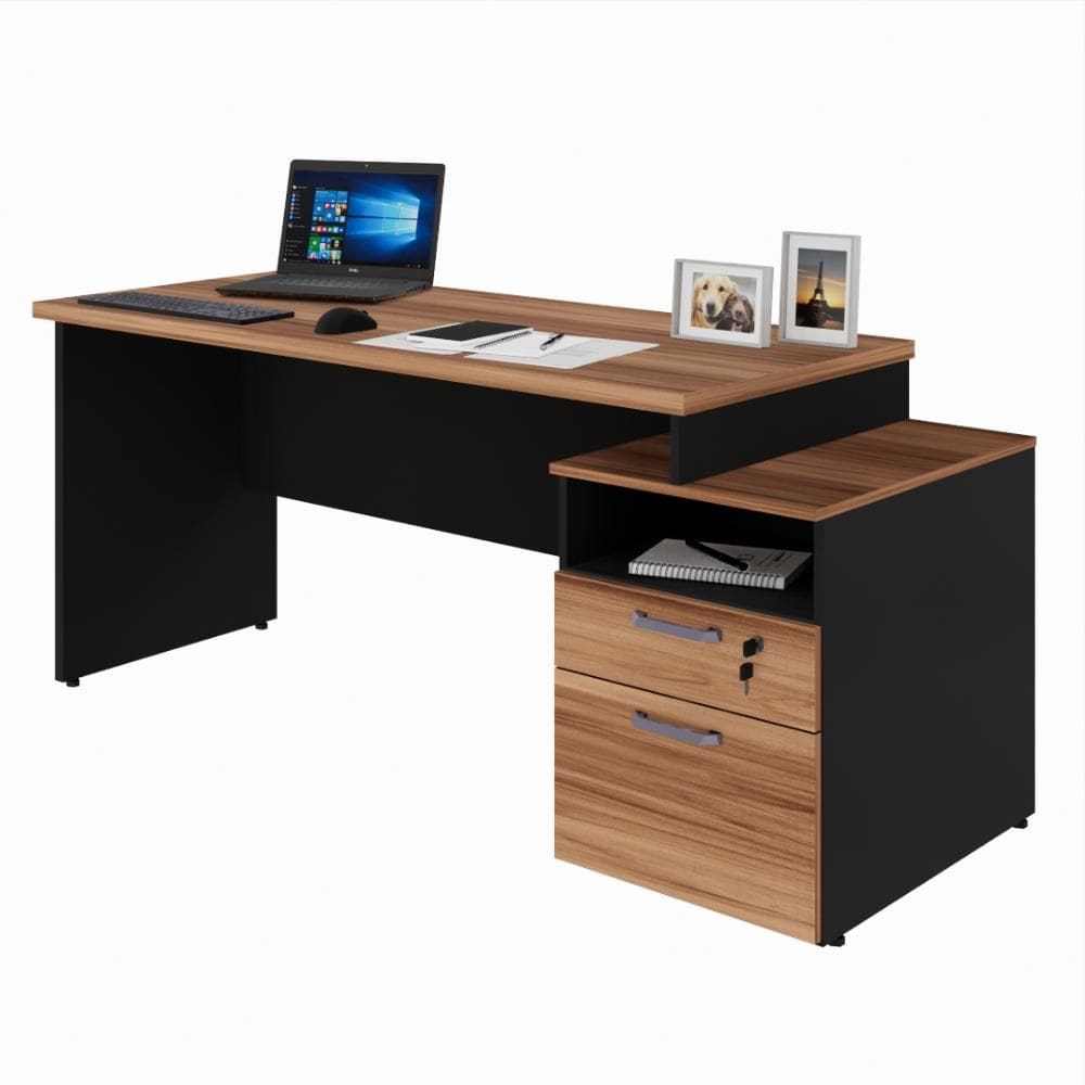 Mesa para Escritório 2 Gavetas com Chave Yaris YAR1565 Office 150x65cm Marrom/Preto
