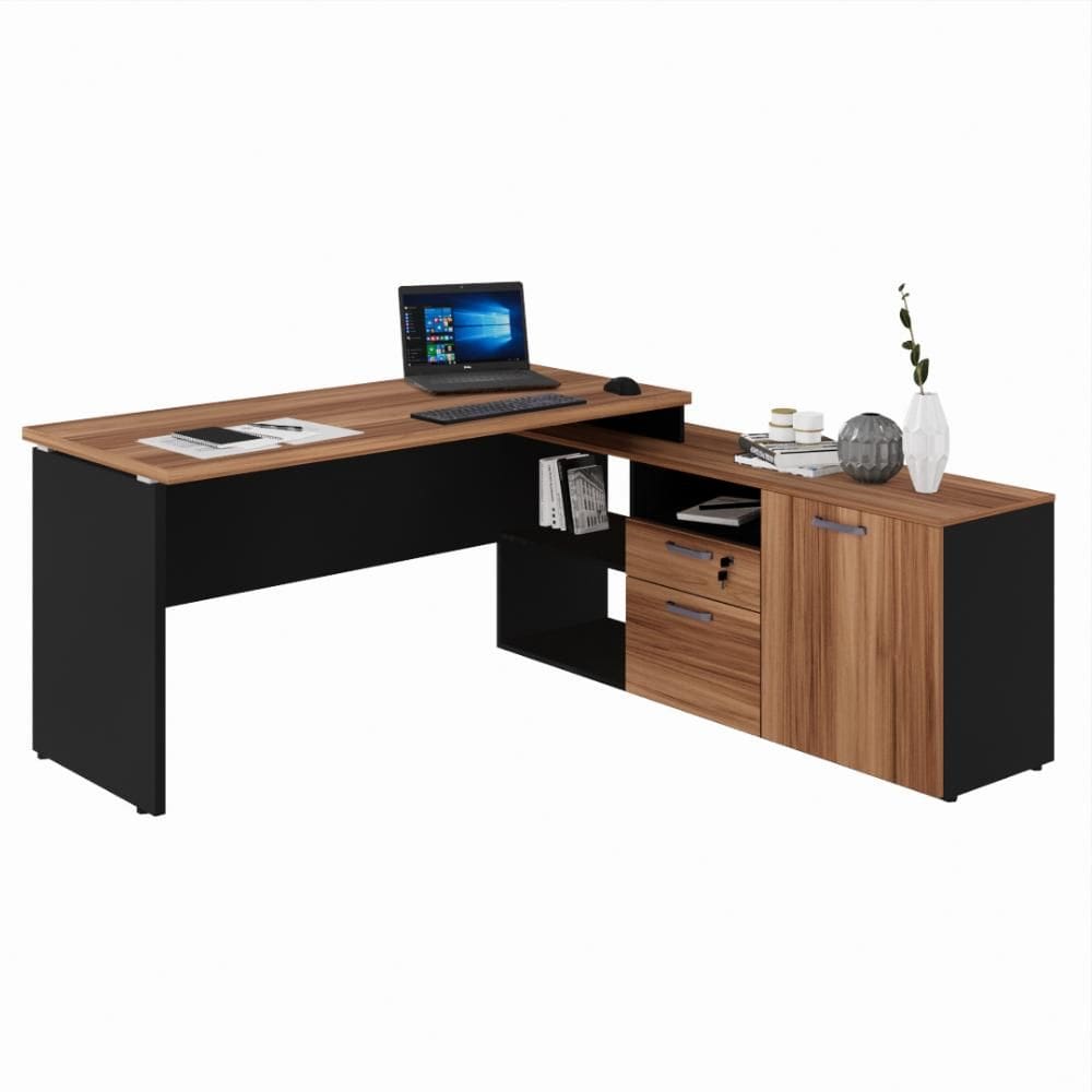 Mesa para Escritório 2 Gavetas 1 Porta Yaris YAR1716 Office 150x160cm Marrom/Preto