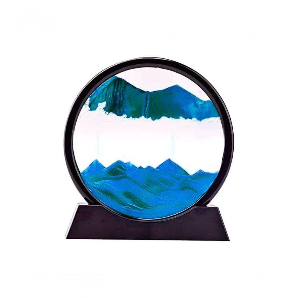 Enfeite De Vidro Quadro Redondo Decorativo Duna Ampulheta Para Quarto Sala Escritório 18cm Azul