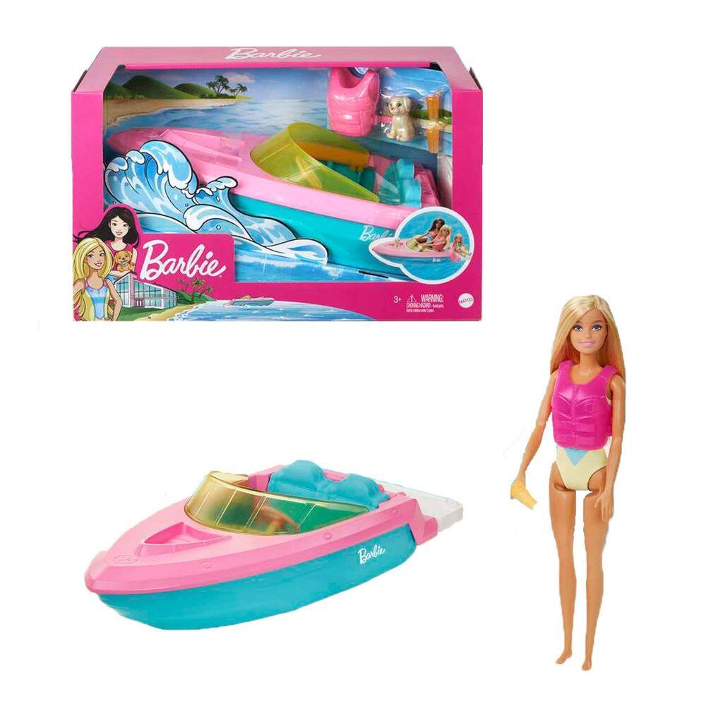 Playset de boneca Barbie e barco de brinquedo com cachorrinho de estimação, colete salva-vidas e muito mais