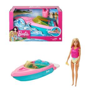 Playset de boneca Barbie e barco de brinquedo com cachorrinho de estimação, colete salva-vidas e muito mais