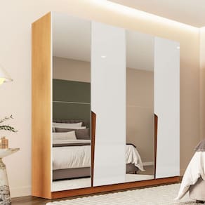 Guarda-Roupa Casal Porto 4 Portas 4 Gavetas com Espelho Freijó/Branco - Politorno
