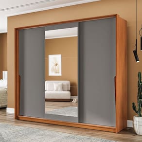 Guarda-Roupa Casal Porto 3 Portas 4 Gavetas com Espelho Freijó/Cinza - Politorno