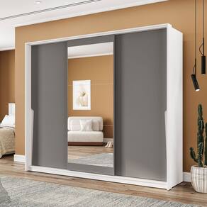 Guarda-Roupa Casal Porto 3 Portas 4 Gavetas com Espelho Branco/Cinza - Politorno
