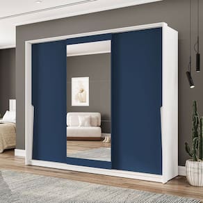 Guarda-Roupa Casal Porto 3 Portas 4 Gavetas com Espelho Branco/Azul - Politorno