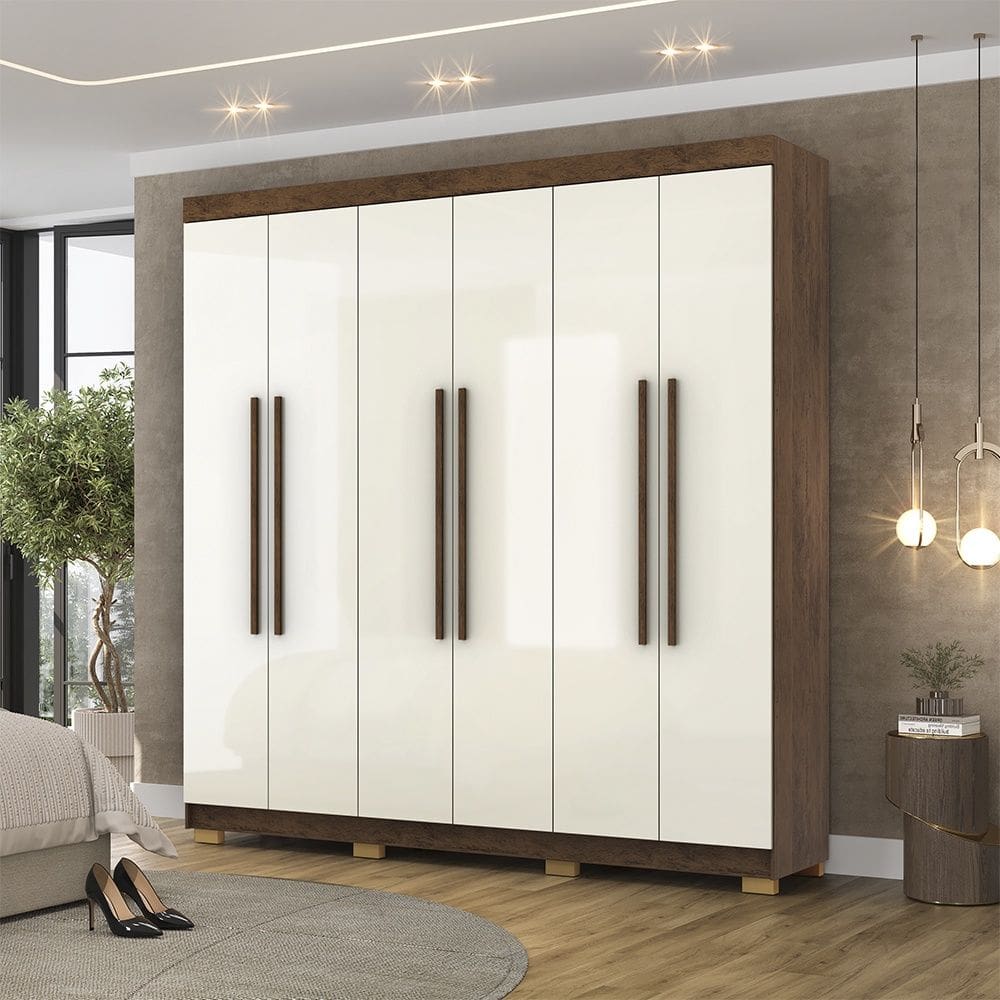 Guarda Roupa Roupeiro Casal Elegance 6 Portas Imbuia Champanhe Vila Rica