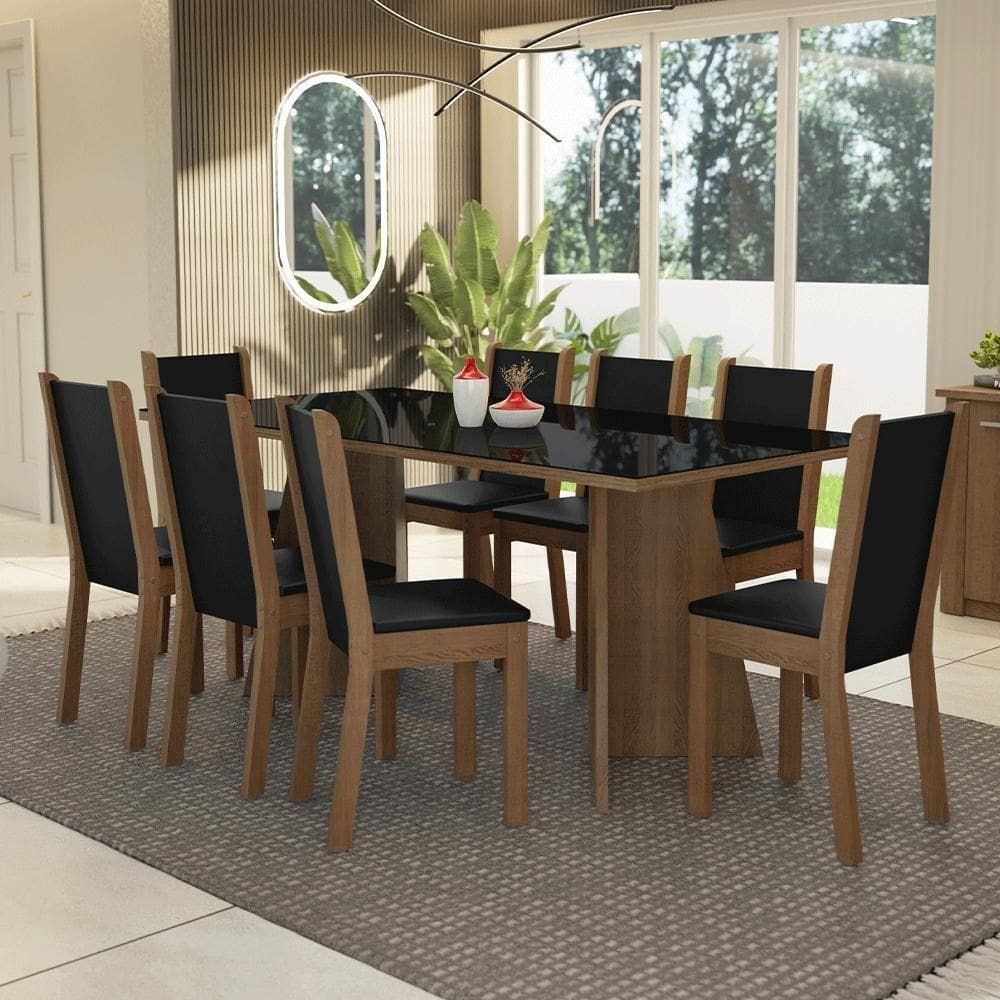 Conjunto Sala De Jantar Mesa Tampo De Vidro 8 Cadeiras Rustic Preto Justine Madesa Sintético