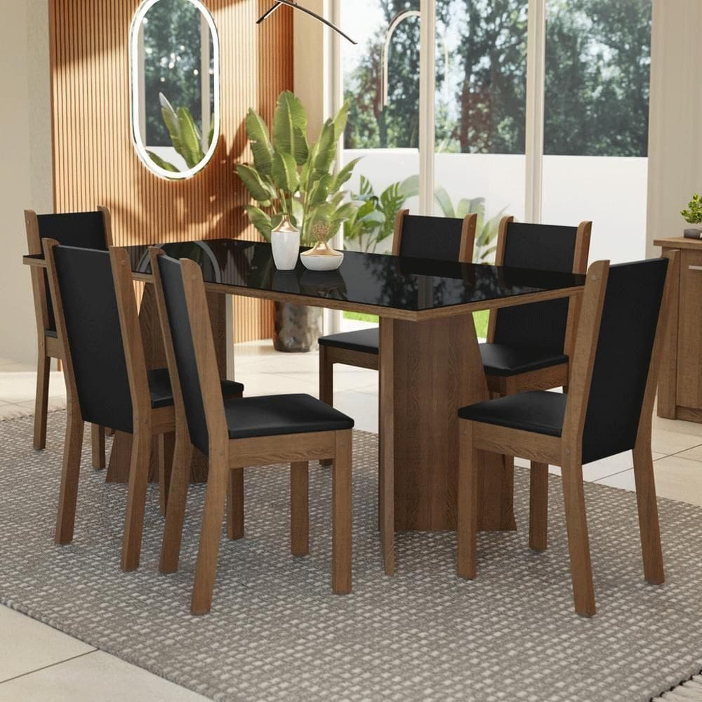 Conjunto Sala De Jantar Mesa Tampo De Vidro 6 Cadeiras Rustic Preto Viola Madesa Sintético