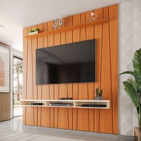 Painel Ripado Horizon Para TV Até 75 Polegadas Com Nicho 225cm Cedro Off White