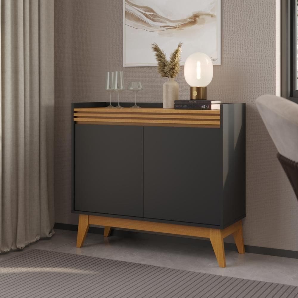 Buffet Aparador Ripado 2 Portas Com Pés De MDF Astúrias 92cm Preto Cedro