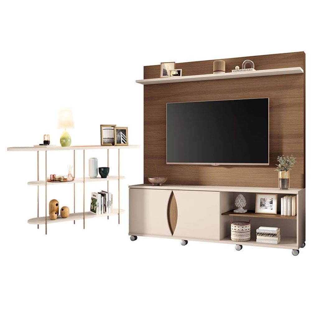 Estante Home Theater Luxor Castanho Off White e Aparador Infinity Off White- HB Móveis