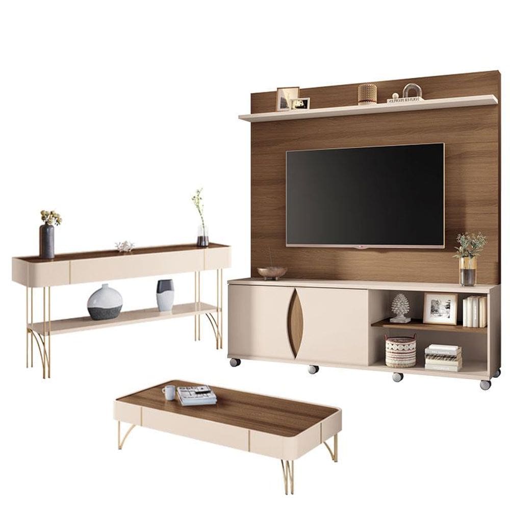 Estante Home Theater Luxor e Aparador Vivant e Mesa Cadenza Castanho Off White - HB Móveis