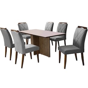 Mesa de Jantar Los Angeles 160x80cm em Linho com 6 Cadeiras California Minas Plac Cor Canela Off White com Tecido Cinza