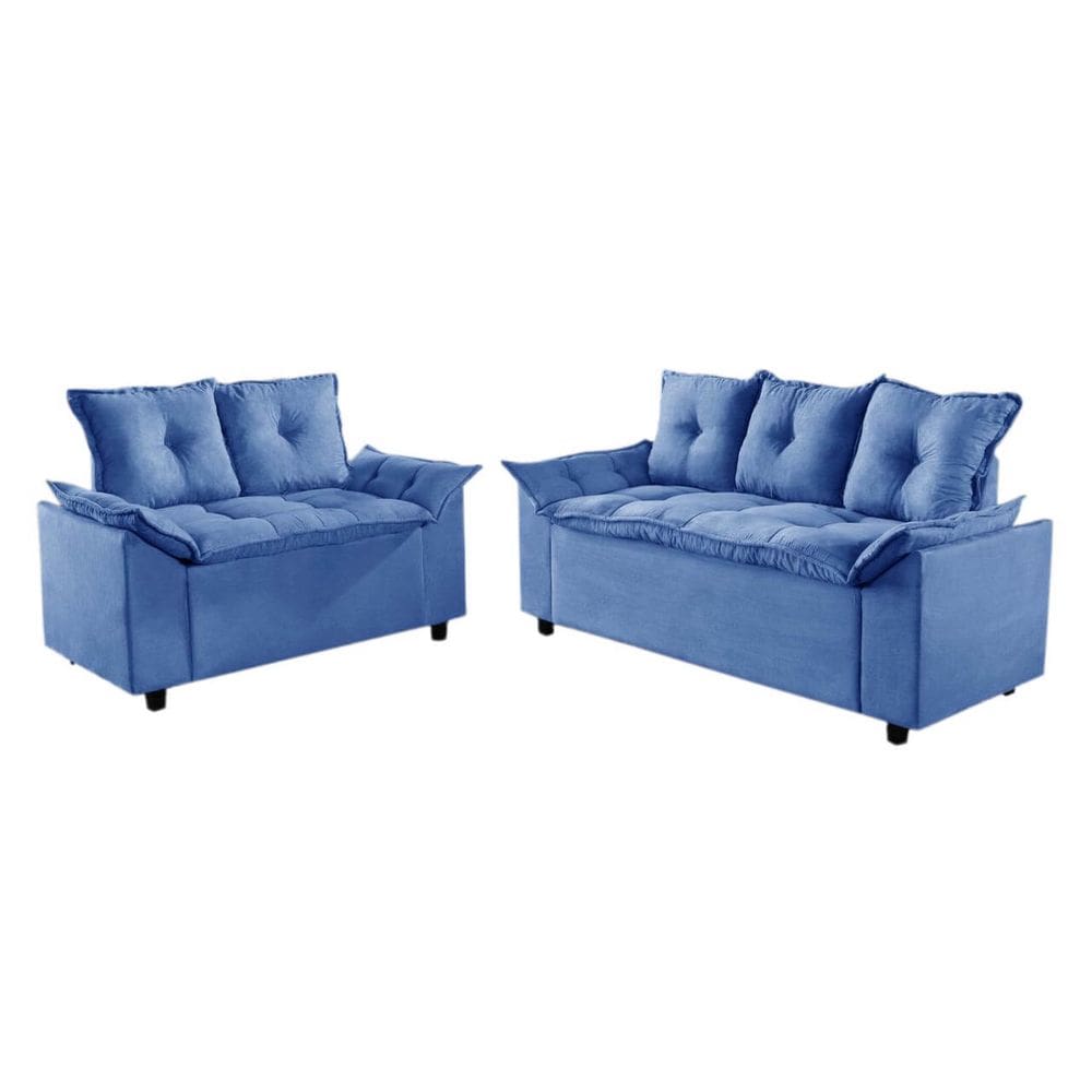 Conjunto de Sofá Liones com 2 e 3 Lugares Tecido Suede Cor Azul