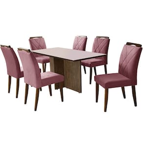 Mesa de Jantar Los Angeles 160x80cm em Linho com 6 Cadeiras California Minas Plac Cor Canela Off White com Tecido Rose
