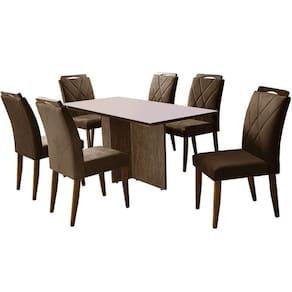 Mesa de Jantar Los Angeles 160x80cm em Linho com 6 Cadeiras California Minas Plac Cor Canela Off White com Tecido Marrom