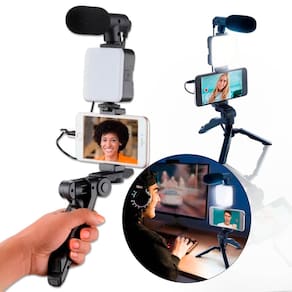 Kit de Gravação 5 em 1 com suporte universal para celular, luz LED 6500K, microfone de alta captação, tripé resistente e controle remoto