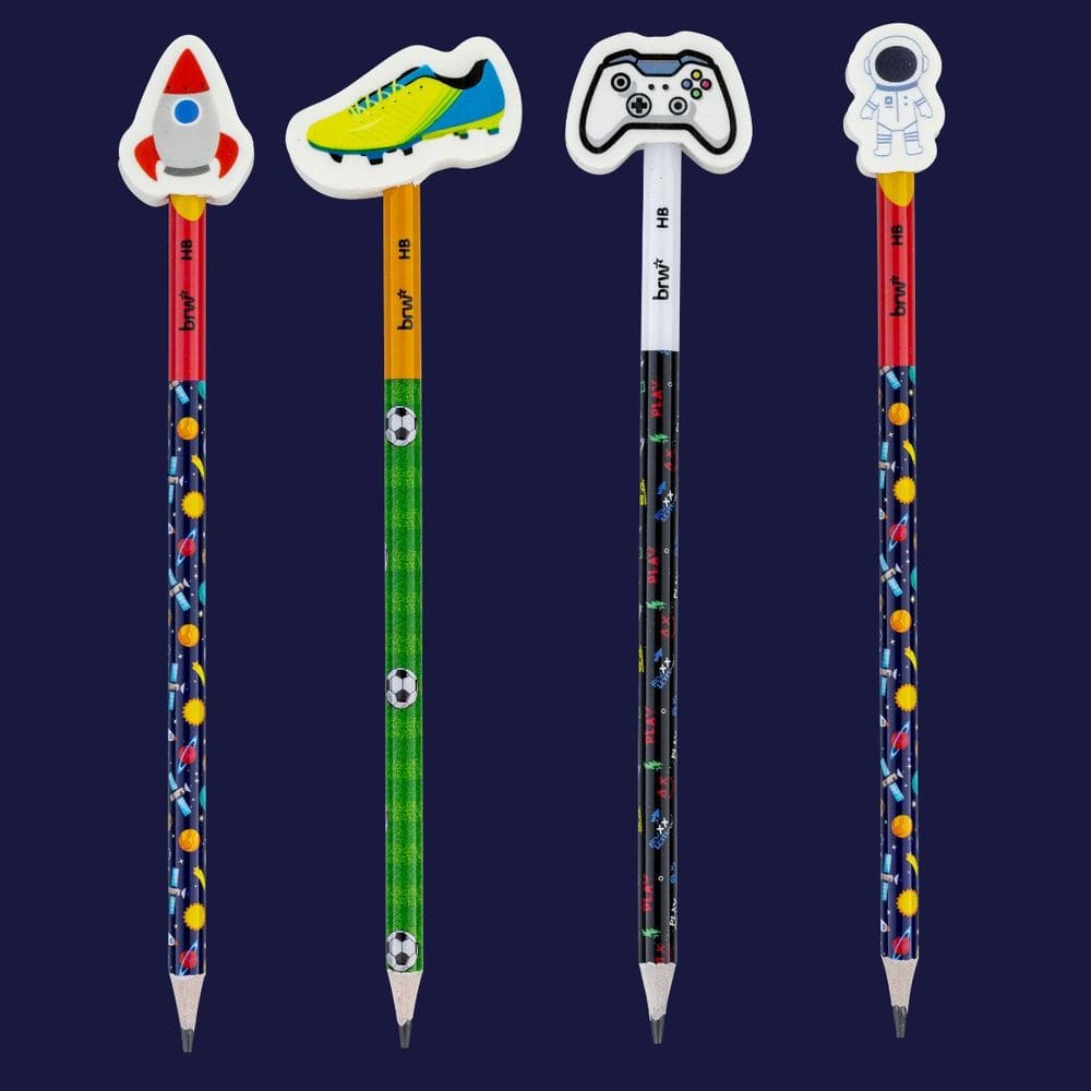 Kit 04 Lápis Grafite Adventure c/ Borracha HB Astronauta, Foguete, Chuteira e Controle - BRW