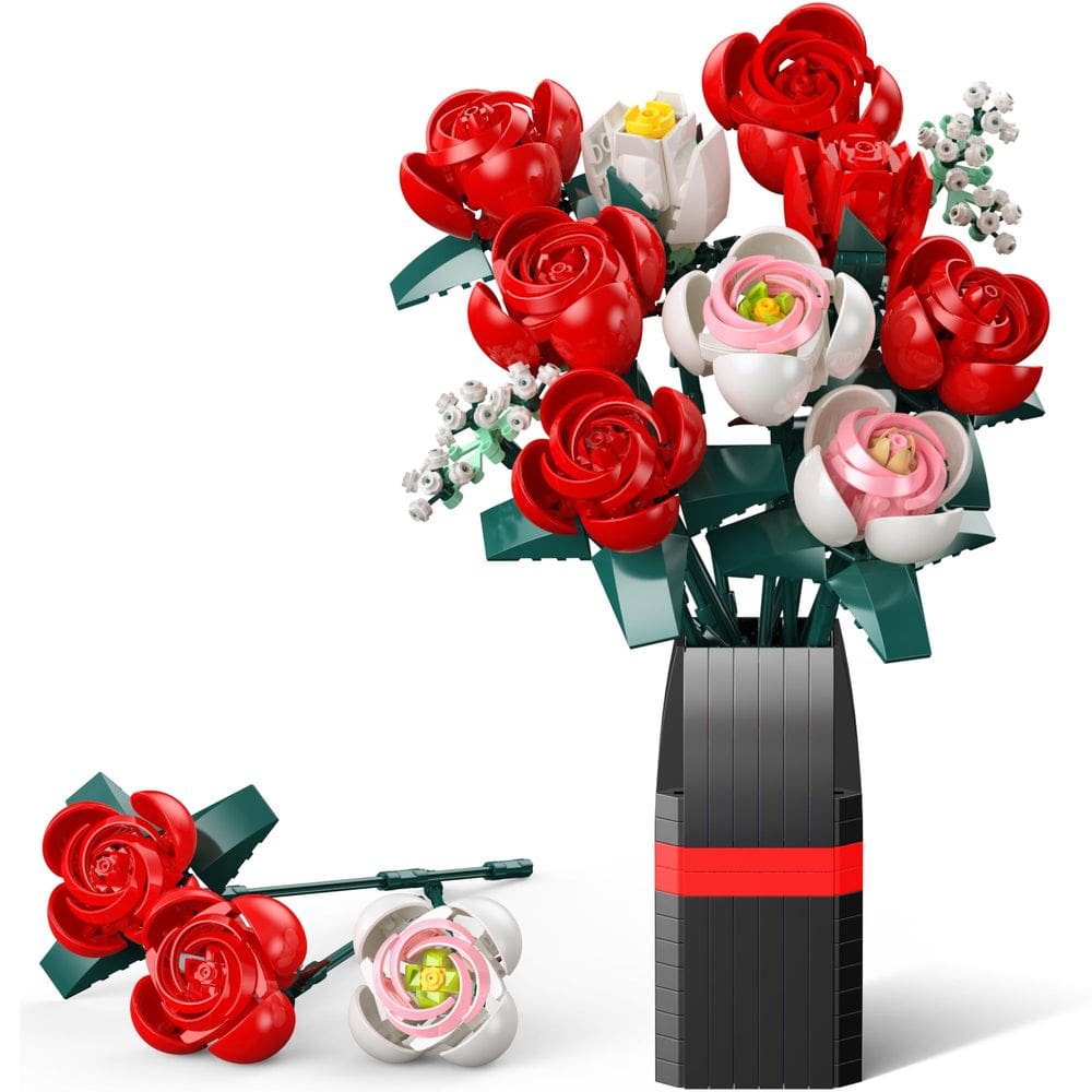 Conjunto de construção de buquê de flores Booyuer 841 peças com vaso