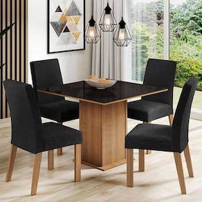 Conjunto Sala de Jantar Mesa Tampo de Vidro 4 Cadeiras Rustic/Preto Oxford Evelin Madesa XV