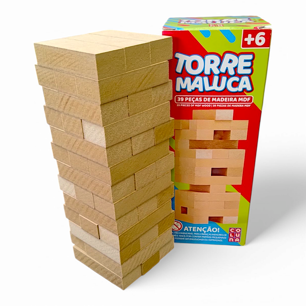 Jogo Torre Maluca 39 Peças Madeira MDF Infantil +6 Anos Interativo Pais e Filhos