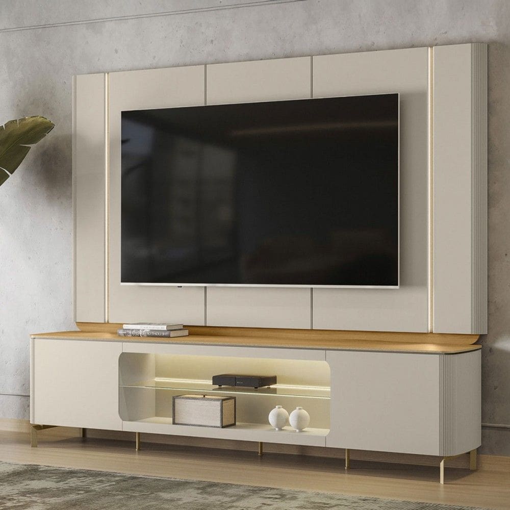 Rack com Painel para TV Até 75 Polegadas Santorini 2 Portas com Vidro e Led Tauari/Off White - Linea Brasil