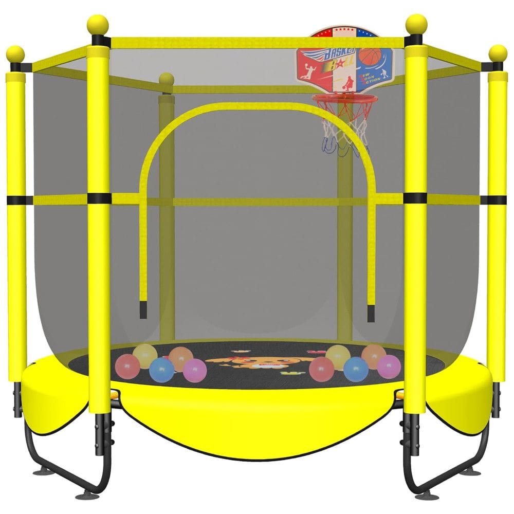 Cama Elastica Infantil com Diâmetro e Cesta de Basquete para até 100 kg, VGMIU Trampoline HS5FT, Amarelo