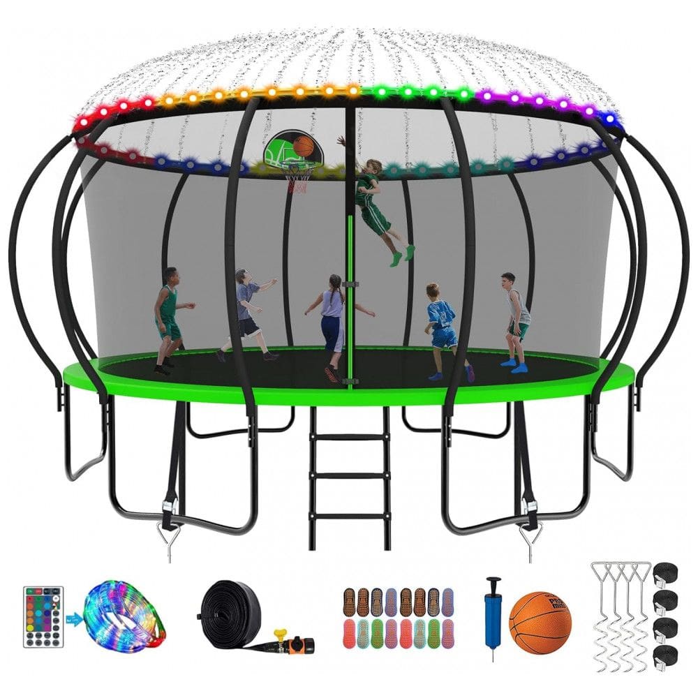 Cama Elastica Capacidade até 635 kg, Tamanho 4,2 Metros com Luz LED e Cesta de Basquete, SKYUP, Verde