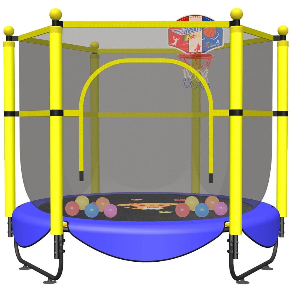VGMiu LS5FT Cama Elastica Infantil com Diâmetro e Cesta de Basquete para até 150 kg, Amarelo, Azul