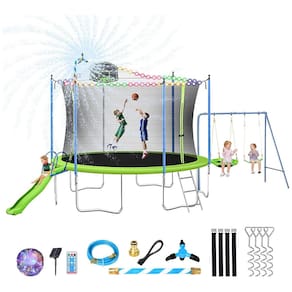 Cama Elastica Capacidade até 10 kg com Cesta de Basquete, Balanço, Escorregador, Luz LED e Jato de Água Kids, Lyromix, Verde
