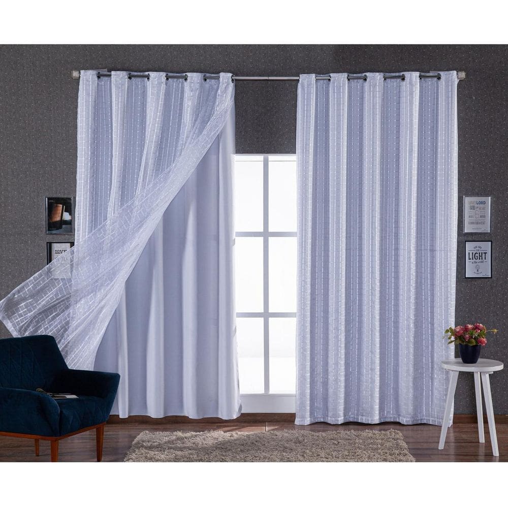 Cortina Luxo Voil Xadrez Branco 4,00X2,50 Forro Microfibra