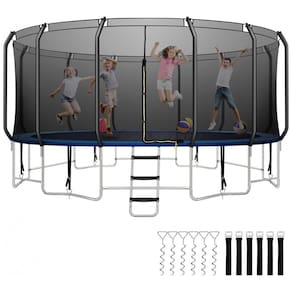 Trampolim retangular de 10 x 17 pés para crianças e adultos, trampolim externo com cesta de basquete e rede de proteção, trampolim