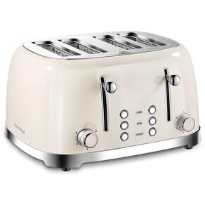 Torradeira Elétrica Retrô 4 Fatias em Aço Inoxidável com 6 Níveis de Tostagem e Slot Extremamente largo, 800W, Roter Mond, Creme