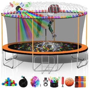 Goujxcy 12FT 14FT 15FT 16FT Trampolim para crianças e adultos, 1500 LBS trampolins ao ar livre com cesta de basquete, luzes, sprinkler,