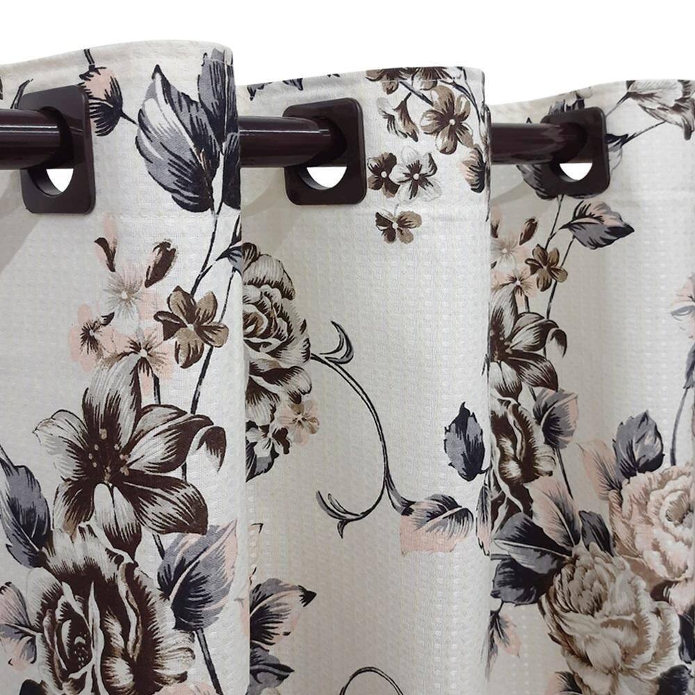 Cortina Bege Piquet Floral 2,80X2,50 Porta Balcão