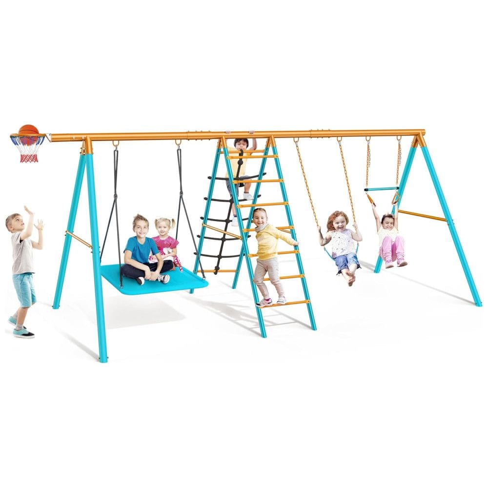 Playground Infantil de Metal com Cesta de Basquete, Barra de Trapézio, Redes de Escalada e 2 Balanços, Osoeri OS-SW01, Azul