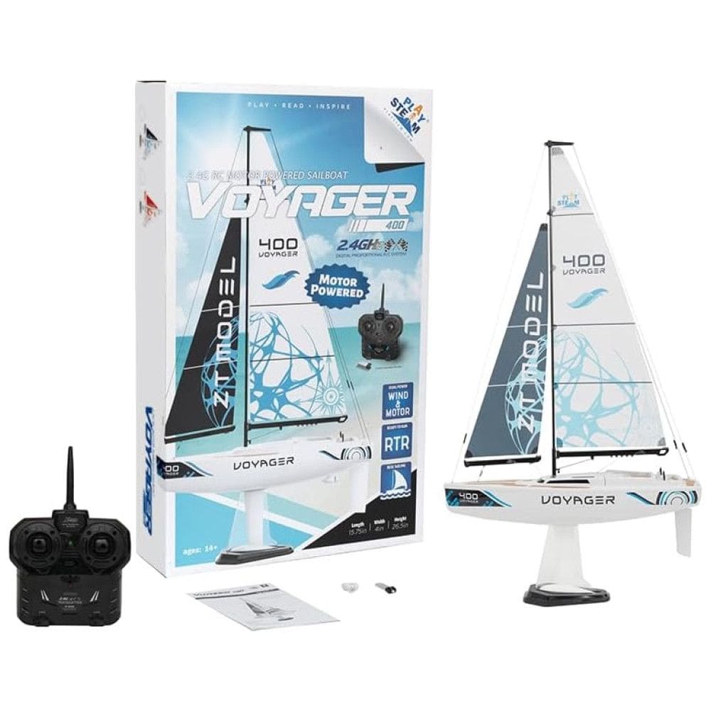 Veleiro de Controle Remoto para Adultos, Tamanho 67 cm com Controle de 2 Canais, PLAYSTEAM, Voyager400, Branco e Azul
