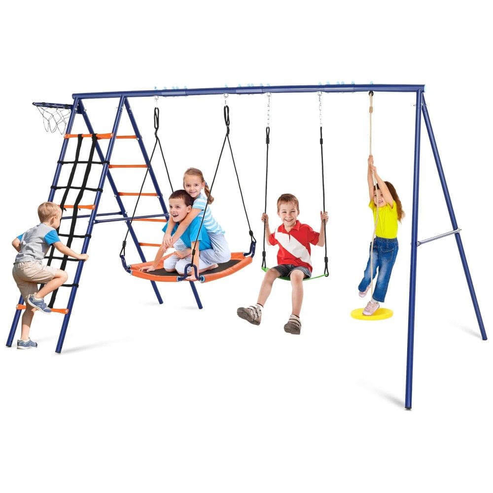Playground Infantil de Metal com Cesta de Basquete, Redes de Escalada Ajustáveis e Balanços, SIHANM, Azul