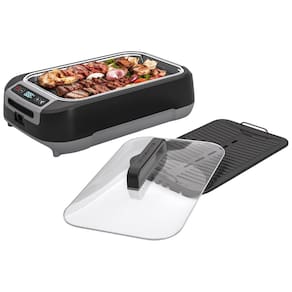 Churrasqueira Elétrica OVENTE para Churrasco sem Fumaça, 1500W, Controle OneTouch, Display LED, Tampa de Vidro, Placas Antiaderentes, Preto