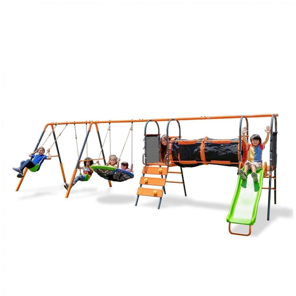 Balanço Jungle Warrior Anaconda Metal Swing Set com Balanço Redondo 114 cm, 2 Balanços de Tecido, Parede de Escalada e Escorregador de 1,5